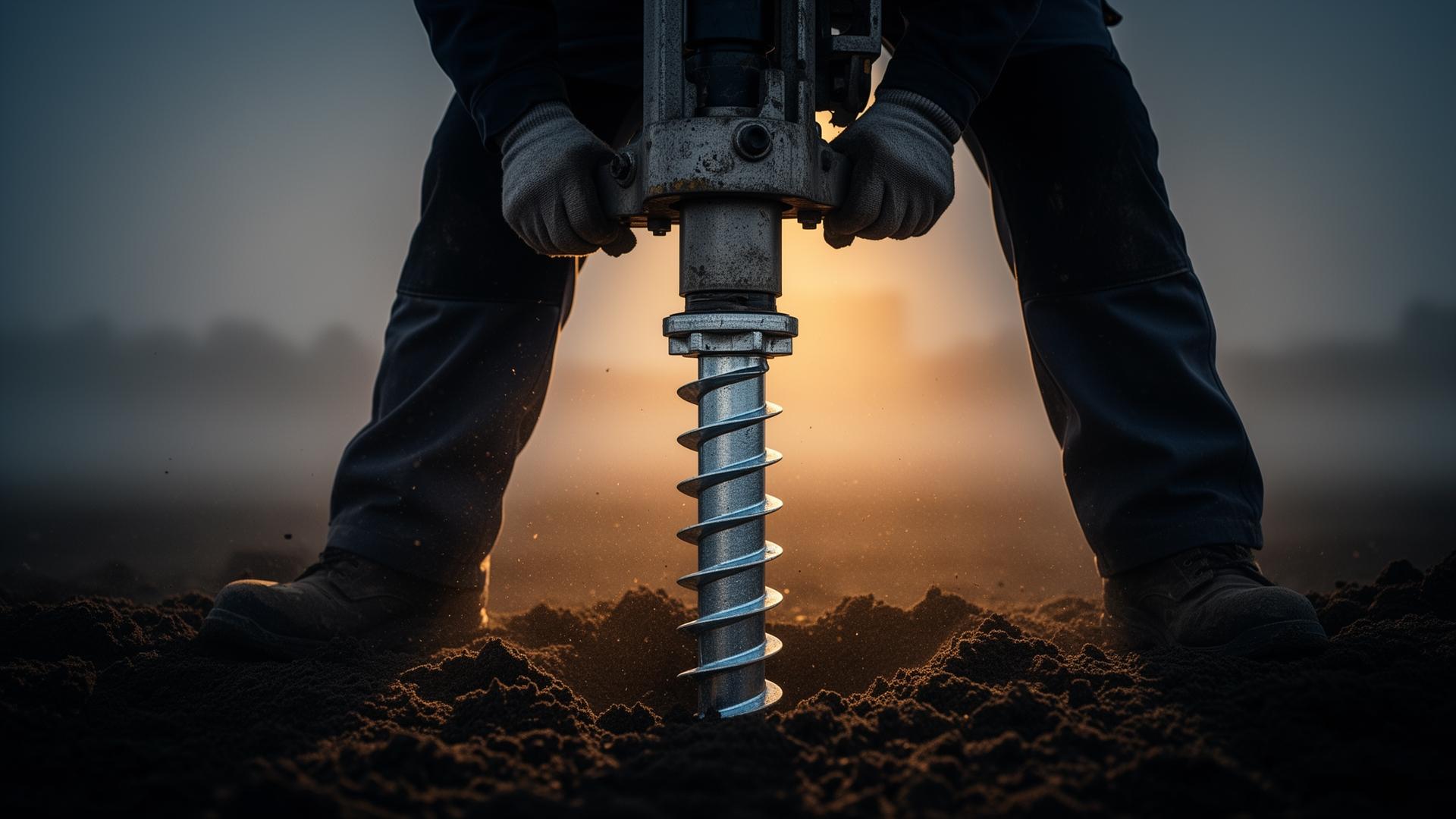 Specialist installer driving a galvanized ground screw at dusk